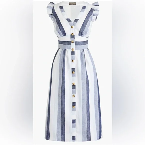 J.Crew Point Sur Button-front linen midi dress in faded indigo stripe size 10 - Picture 3 of 11